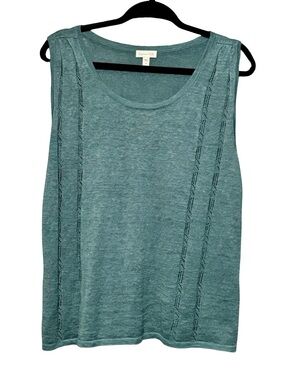 Garnet Hill 100% Organic Linen Pointelle Knit Trim Sleeveless Lightweight Blouse